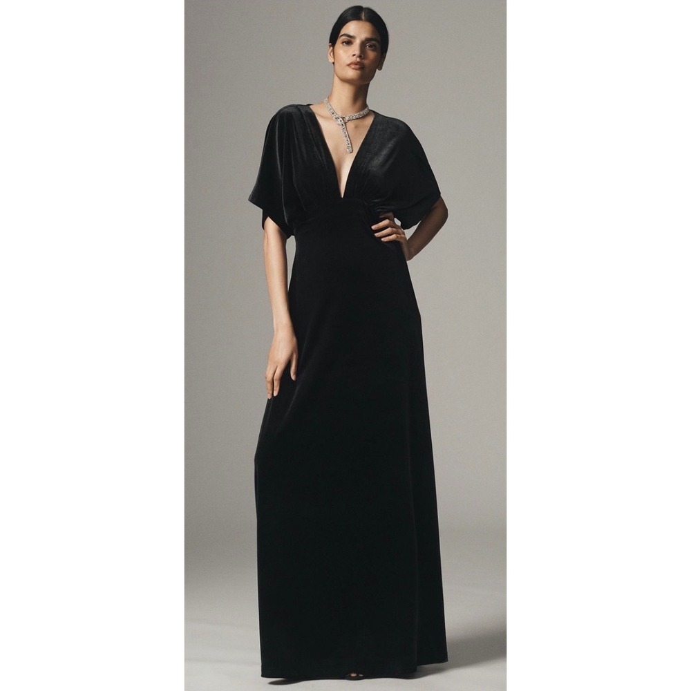 Anthropologie BHLDN Amelia Black Velvet Deep V-Neck Maxi Dress Size L NEW